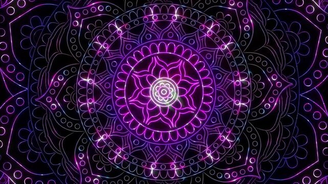 Vibrant Purple Neon Mandala Pattern Glowing with Abstract Geometric Symmetry