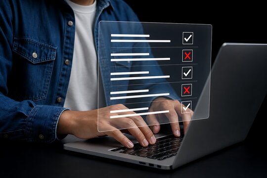 Person typing on laptop with holographic checklist and red crosses on dark table