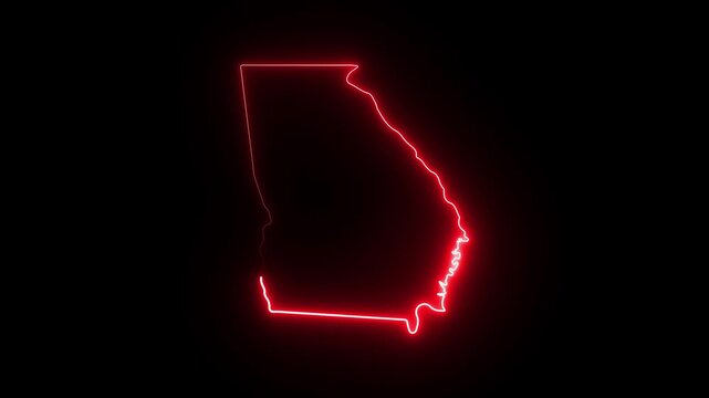 Glowing red neon outline map of georgia state, usa, isolated on black background, for digital motion 4K Motion video animation