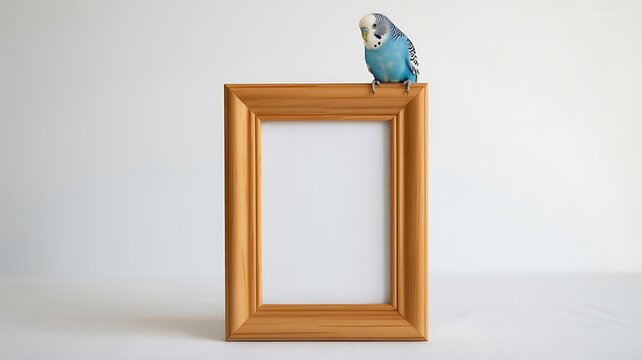Small parakeet perched on wooden picture frame against a minimalist background
