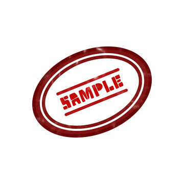 Vintage red sample rubber stamp, oval grunge seal with sample text, distressed ink mark for document verification and product testing