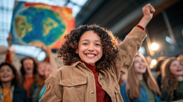 A joyful young girl raises her fist in a crowd during a climate protest, with a colorful Earth banner in the background.