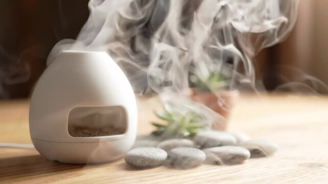 Essential oil diffuser releasing fragrant steam with relaxing stones and succulent plant for aromatherapy and spa wellness concepts