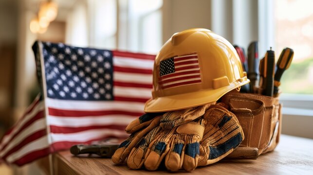 A yellow construction helmet with an American flag sticker, work gloves, and tools are displayed on a wooden surface with a blurred American flag in the background.