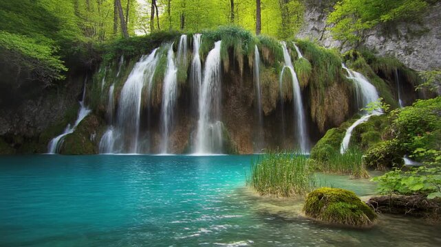 Serene Waterfall cascades into turquoise pool within lush green forest during golden hour light
