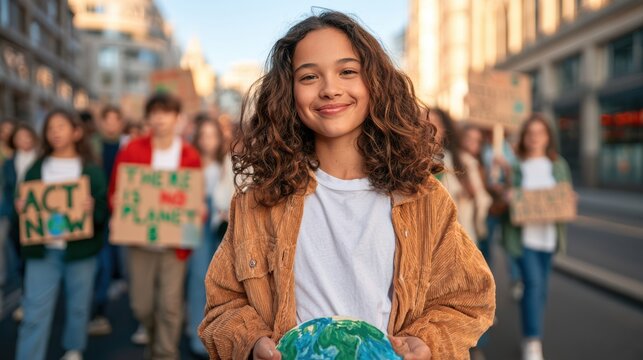 A smiling young girl holds a globe while a group of diverse protesters behind her hold signs advocating for climate action.