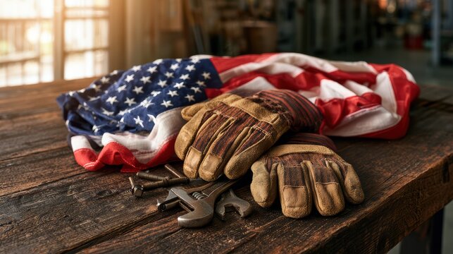 Work gloves and a wrench rest on a wooden table next to a folded American flag, symbolizing labor and patriotism.