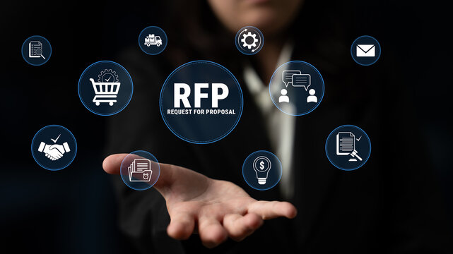 Businessman presenting icons related to Request for Proposal in a digital format showcasing various aspects of the proposal process in a dark environment. Glyphic.