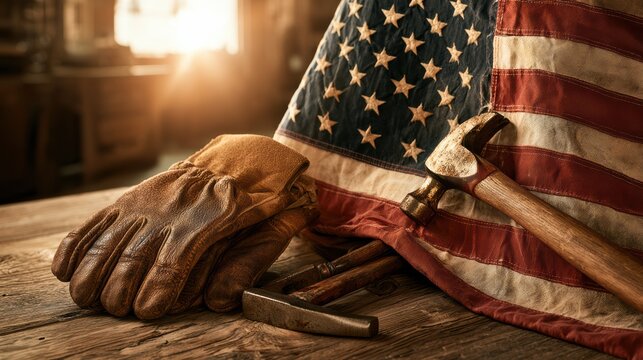 A worn leather glove, hammer, and nail sit on a rustic wooden table next to a folded American flag, bathed in warm sunlight.