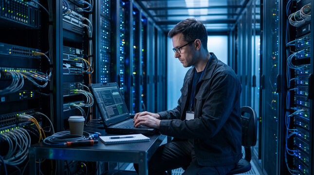 Man in glasses working on laptop in data center surrounded by server racks, symbolizing IT, technology, and network infrastructure, representative of digital operations.