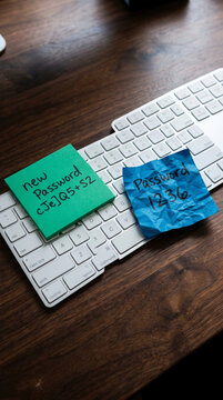Sticky notes with password information on a keyboard, symbolizing data security and password management concepts