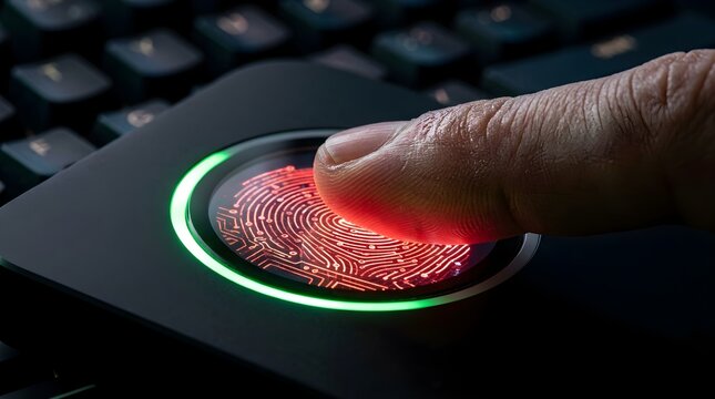 Close up of person pressing thumb on a biometric fingerprint scanner for digital security authentication