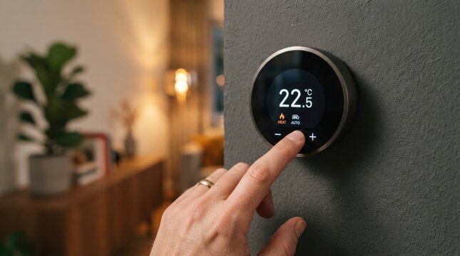 Digital smart thermostat mounted on a textured grey wall being adjusted by a human hand for precise home climate control