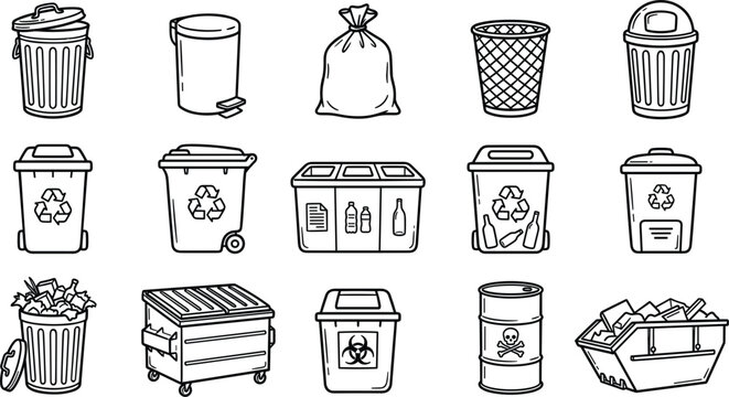 Garbage Can and Waste Recycling Vector Icon Line Art Pack Featuring Trash Bins, Dumpsters, Sorting Containers, Biohazard Boxes, and Industrial Disposal 