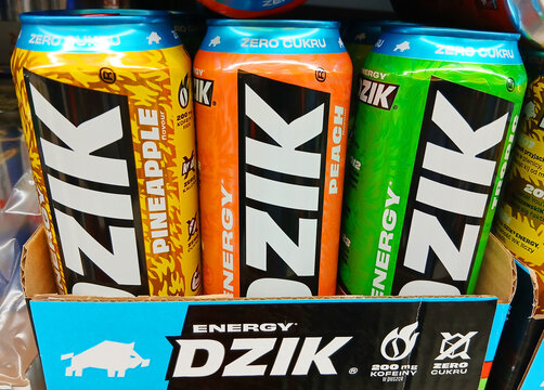 Poznan, Poland - 20 July 2026: Dzik energy drinks in a supermarket shelf.