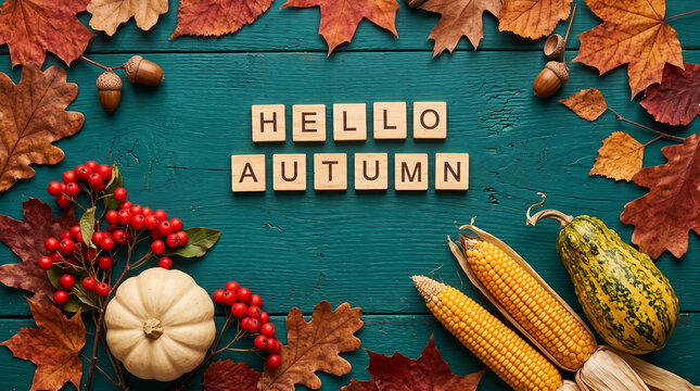 Hello Autumn message with fall leaves, acorns, berries, pumpkin, and corn, symbolizing harvest and seasonal change