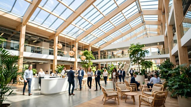 Spacious modern office atrium with timber structure and indoor plants.