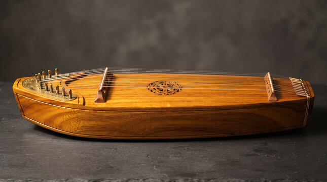 Traditional wooden kecapi zither string instrument with carved rosette and brass tuning pegs isolated on dark surface studio shot