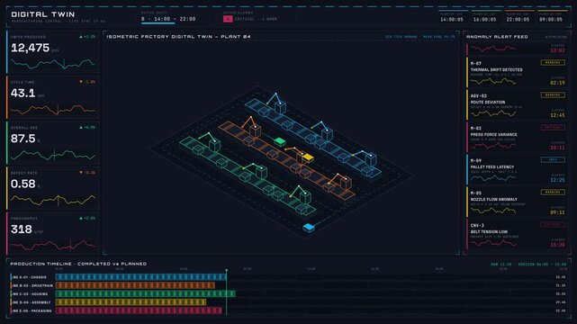 Explore a high-tech digital twin manufacturing dashboard showcasing a dynamic isometric factory layout with animated KPIs and real-time telemetry on a dark-mode interface.