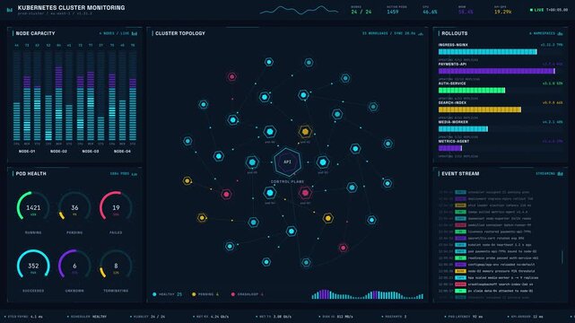 Explore a cinematic Kubernetes cluster monitoring dashboard featuring glowing hexagonal nodes and animated data visualizations against a dark midnight navy background.