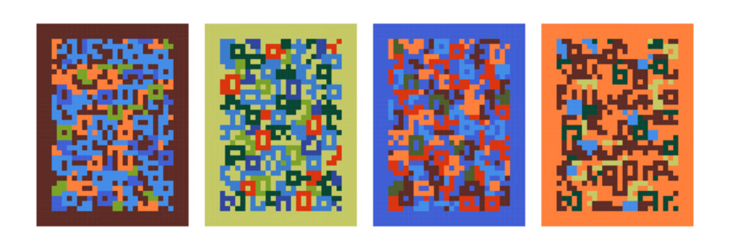 Pixel patterns, abstract textures, retro backgrounds. Pixel art digital retro backgrounds, 8bit patterns, bitmap cards. Abstract geometric designs in vintage video game 8-bit style. Vector graphic