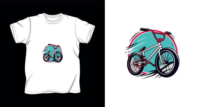 Retro BMX bicycle with stylized turquoise circle and dynamic lines on t-shirt graphic.
