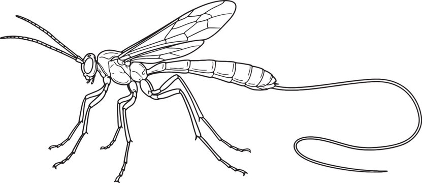 Slender Ichneumon Wasp Side Profile Outline Illustration with Ovipositor