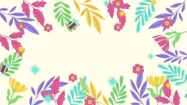 Vibrant spring flower and leaf border with busy bees on a light yellow background, flat illustration style
