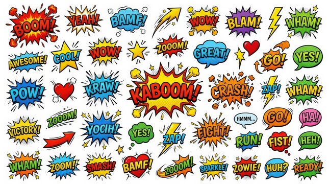 Retro comic book sound effects collection, colorful pop art speech bubbles set, vintage cartoon explosion and action words on white