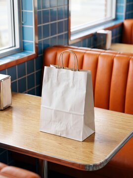 Blank kraft paper bag mockup on wooden table in diner booth