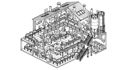 Fototapeta premium Isometric vector illustration of an automated factory production line facility