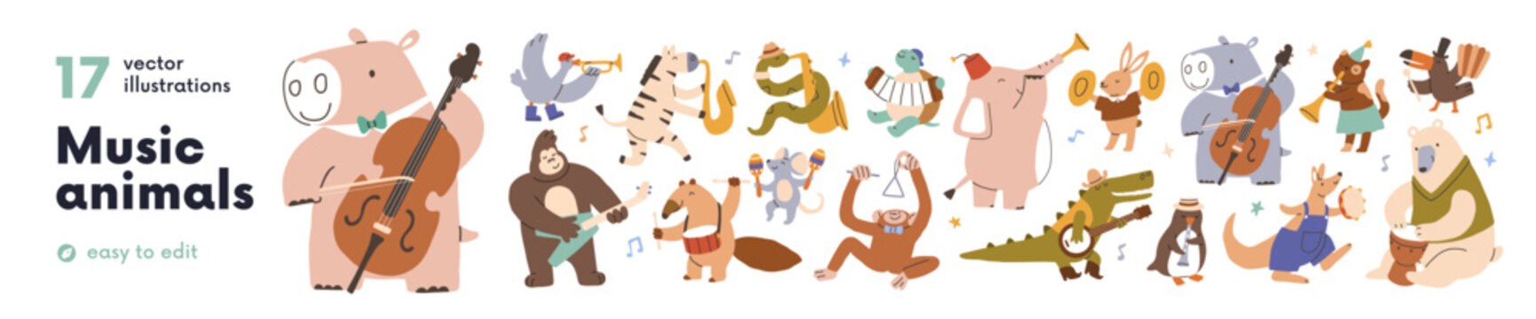 Cute animals with music instruments. Cute kid characters, animals playing music instruments, dancing. Bear, hippo, crocodile and mouse musicians, baby characters set. Flat vector illustration isolated