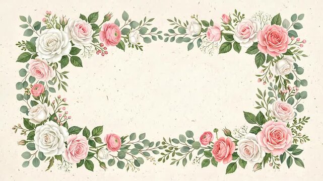 Watercolor Floral Frame Animation with Blooming Pink and White Roses