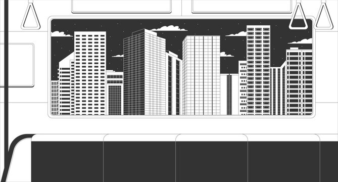 Night city skyline viewed from empty train interior lo-fi aesthetic linear background. Subway car window cityscape. Vacant metro carriage. Urban transit. Black and white illustration. Outline artwork