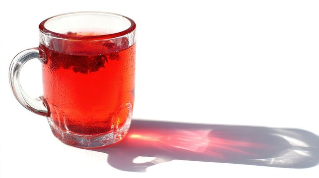 Glass mug filled with red fruit tea casting a colorful shadow on white surface