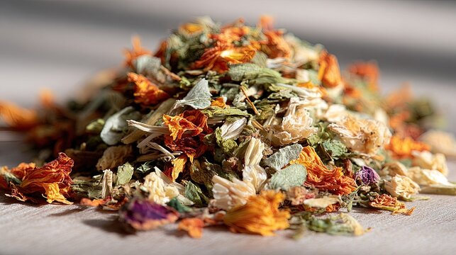 Pile of dried herbal tea blend with orange petals and green leaves on a surface