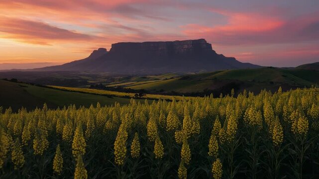 Golden hour sunrise illuminates vast farmland with distant mesa under a colorful sky