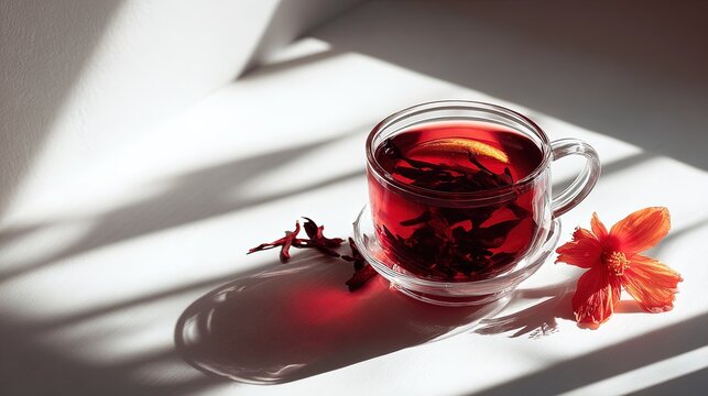 Transparent glass cup filled with red hibiscus tea and a red flower on a white surface