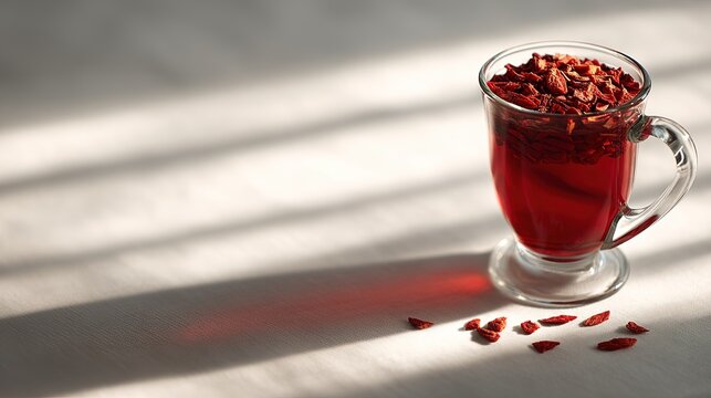 Glass mug filled with red herbal tea and dried goji berries on a light surface