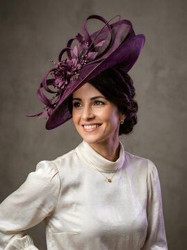 Woman in a white blouse and elaborate purple fascinator hat posing elegantly.