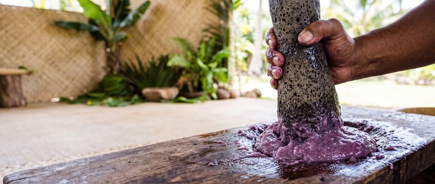 Traditional kava preparation in pacific islands with stone pestle and wooden mortar.