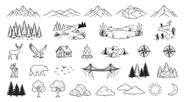 Minimalist mountain landscape icons, hand drawn outdoor adventure vector set, black and white nature camping elements for travel branding