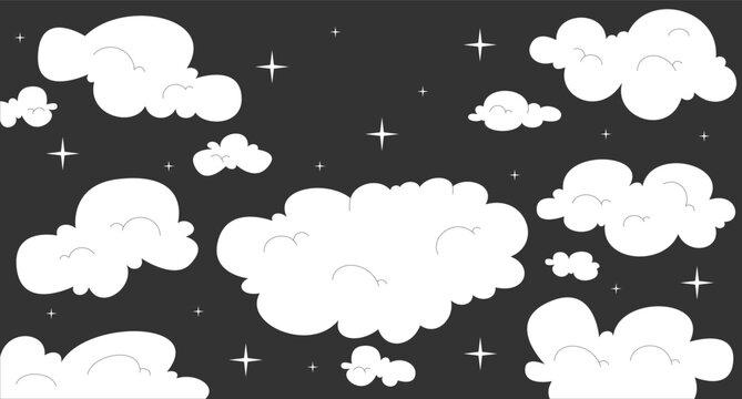 Dreamy fluffy clouds and twinkling stars in dark night sky lo-fi aesthetic linear background. Whimsical celestial cloudscape. Magical nighttime. Black and white illustration. Flat 2D outline artwork