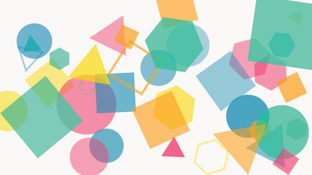 Abstract geometric composition vector illustration with overlapping colorful circles squares triangles pentagons hexagons dynamic layered design
