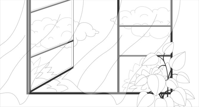 Open window with flowing curtains and lush plants lo-fi aesthetic linear background. Summer breeze. Peaceful clouds view. Fresh airy atmosphere. Black and white illustration. Flat 2D outline artwork