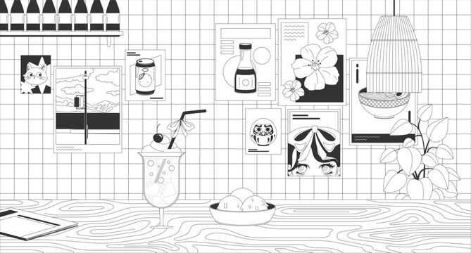Japanese cafe interior with soda float and ice cream lo-fi aesthetic linear background. Sweet dessert and drink on wooden counter. Poster wall. Black and white illustration. Flat 2D outline artwork