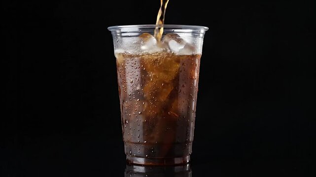 Cola soda poured into plastic cup with ice cubes against black background
