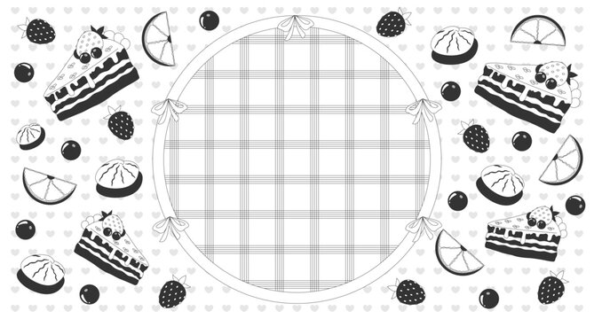 Kawaii dessert frame with cake berries and citrus fruit lo-fi aesthetic linear background. Coquette sweet border. Cute anime circular space. Black and white illustration. Flat 2D outline artwork