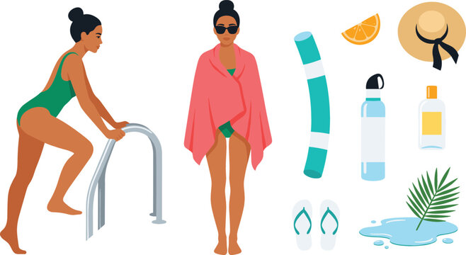 Summer Swimming Pool Vacation Vector Set with Woman Characters Swimsuit Towel Sunglasses Pool Noodle Sunscreen Water Bottle and Beach Accessories