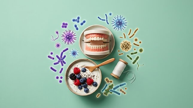 Human jaw model with probiotic yogurt and bacteria icons